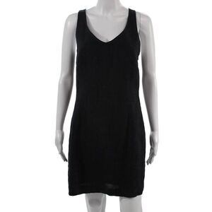 Renato Nucci Women Shift Tank Dress Black Linen V-Neck Button Sleeveless Size 4